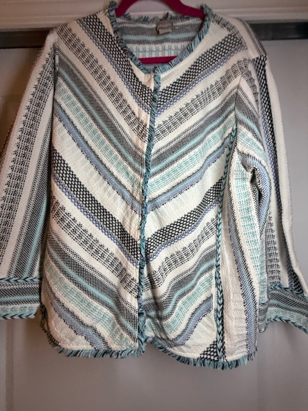 Chico’s Striped Woven Button Cardigan Jacket - Cream, Mint & Navy